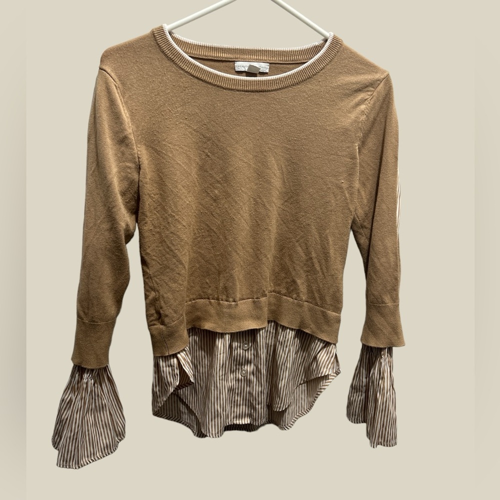 New York & Company Bell Sleeve Sweater Blouse beige striped XS women’s dress